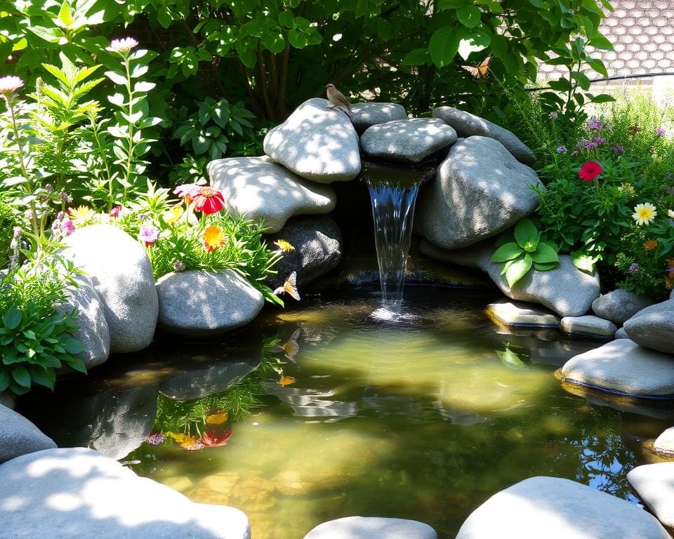 ontspannende tuininrichting met water elementen in de tuin