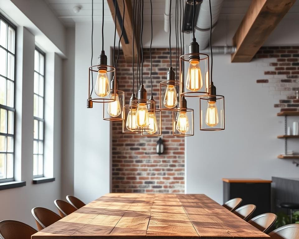 Industriële hanglampen boven de eettafel