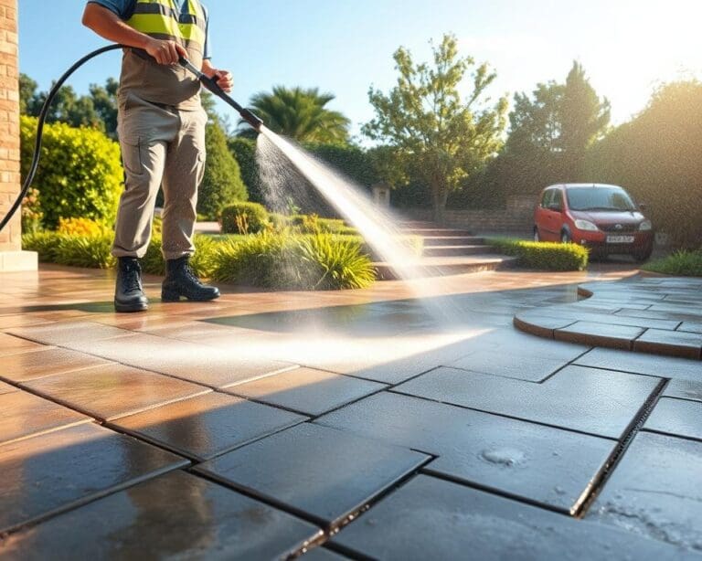 Hoge druk reiniging van terras en oprit